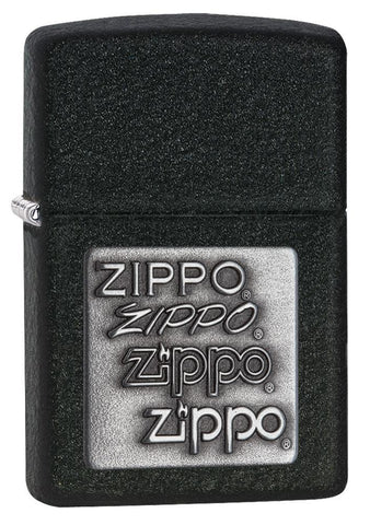 Front view of Black Crackle® Silver ˫ Logo Emblem Windproof Lighter standing at a 3/4 angle